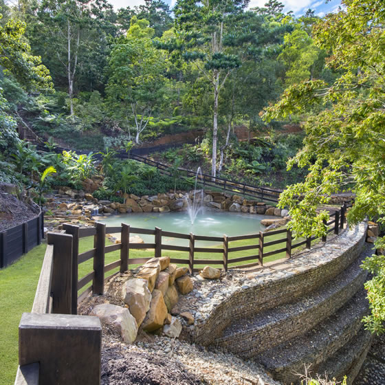 Landscaped garden with constructed wall and pond with fountain